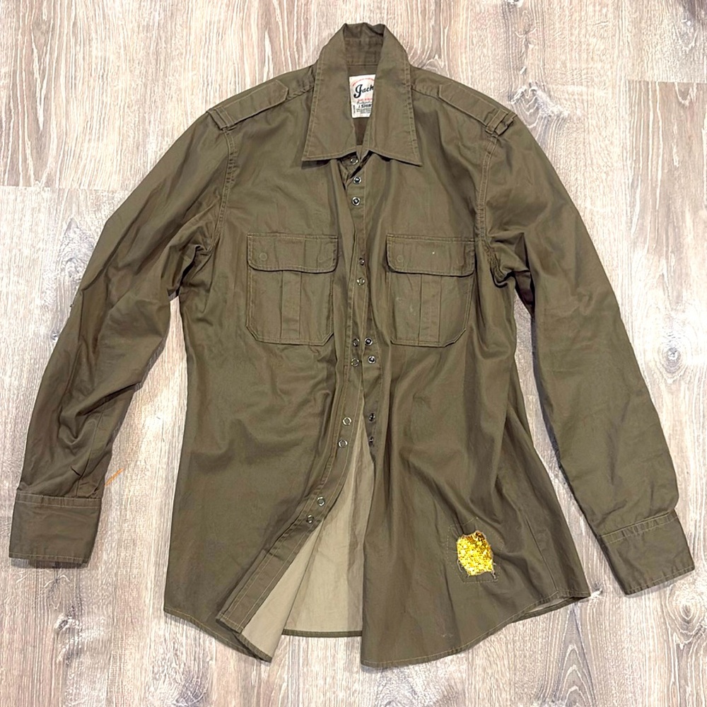 Upcycled DIY Jachs Military Boyfriend Button Down Shirt Mesh Sequin Patches